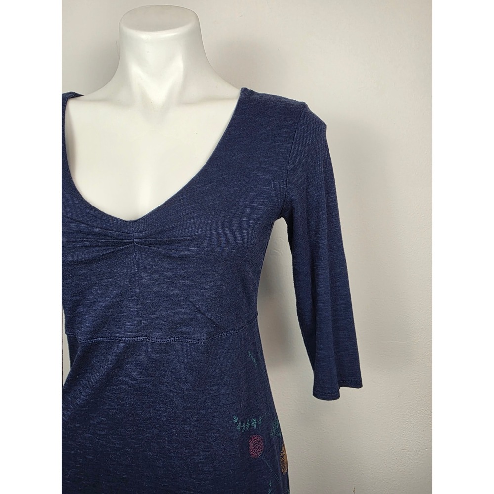 Horny Toad Navy Blue Dress Womens Small Embroidered Floral 3/4 Sleeve Casual - Picture 3 of 7